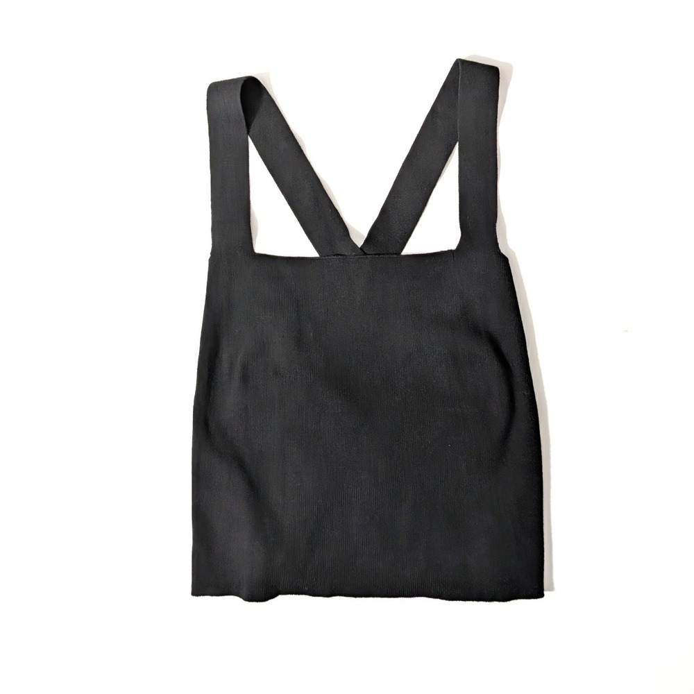Lush Black Knit Tank Top Faux Lace Up Back & Tie Ribbed Square Neck Size Small